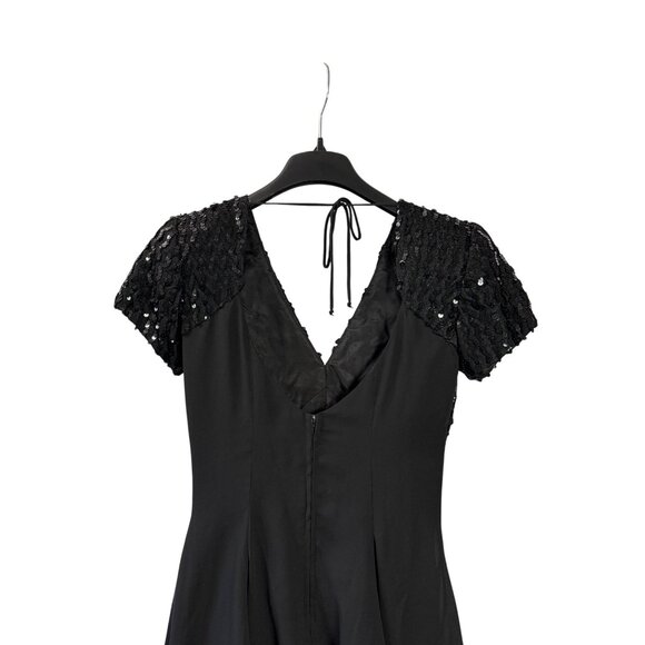 Vintage 80s Karen Okada Black Mini Dress Sequins V-Neck Size 7/8 Fit & Flare - Picture 5 of 9
